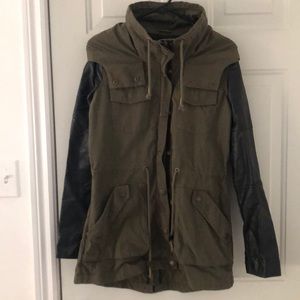 Army green coat with leather sleeves